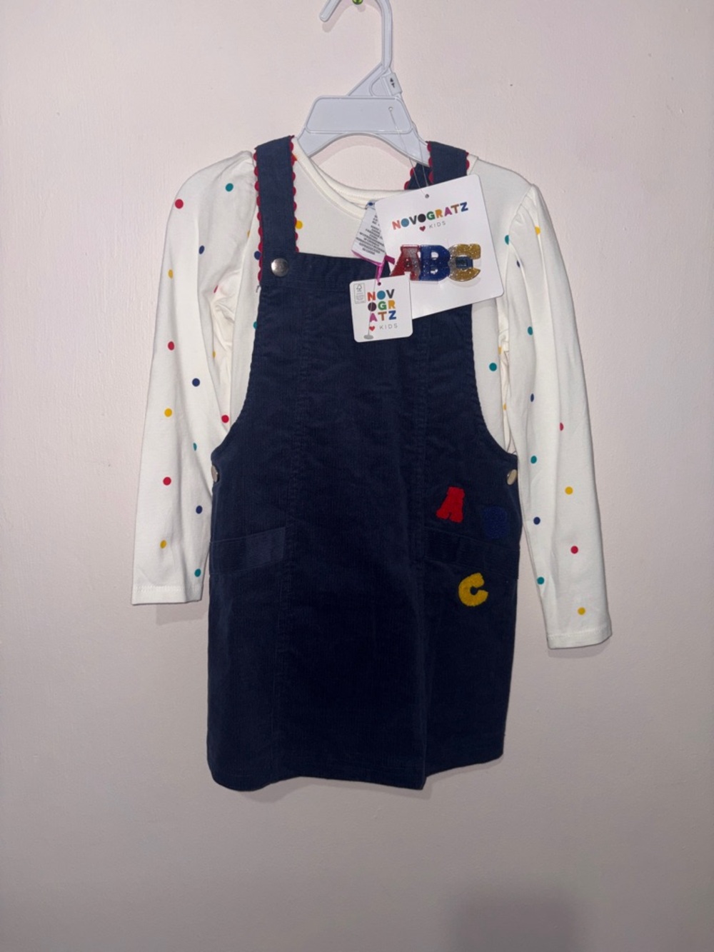 Girls Navy Corduroy Pinafore with Polka Dot Top